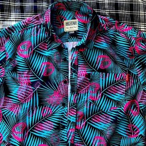 Blue and neon pink Hawaiian shirt floral print, 100 % polyester, by RSVLTS